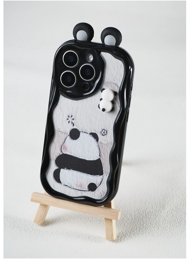 ShebSheb - Cute Panda iPhone 15 Pro Case Cartoon Animal 3D Ears Panda Wavy Edge Protector,Soft Silicone Back Phone Cover - Image 1
