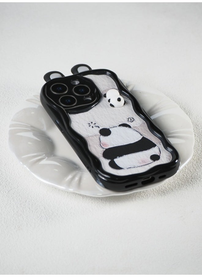 ShebSheb - Cute Panda iPhone 15 Pro Case Cartoon Animal 3D Ears Panda Wavy Edge Protector,Soft Silicone Back Phone Cover - Image 1