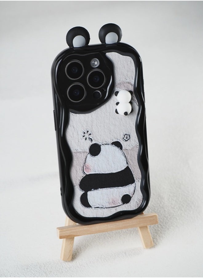 ShebSheb - Cute Panda iPhone 15 Pro Case Cartoon Animal 3D Ears Panda Wavy Edge Protector,Soft Silicone Back Phone Cover - Image 1