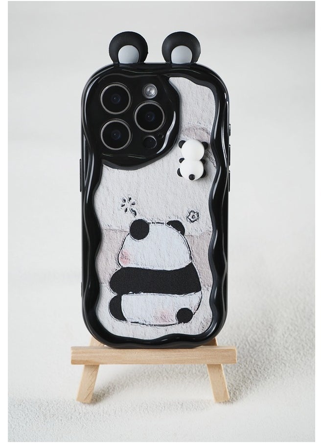 ShebSheb - Cute Panda iPhone 15 Pro Case Cartoon Animal 3D Ears Panda Wavy Edge Protector,Soft Silicone Back Phone Cover - Image 1