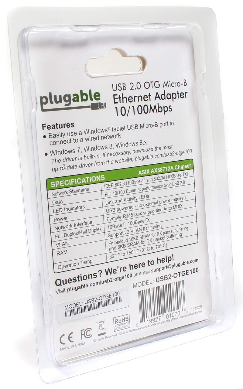 Plugable USB 2.0 OTG Micro-B to 100Mbps Fast Ethernet Adapter Compatible with Windows Tablets, Raspberry Pi Zero, and Some Android Devices (ASIX AX88772A chipset).