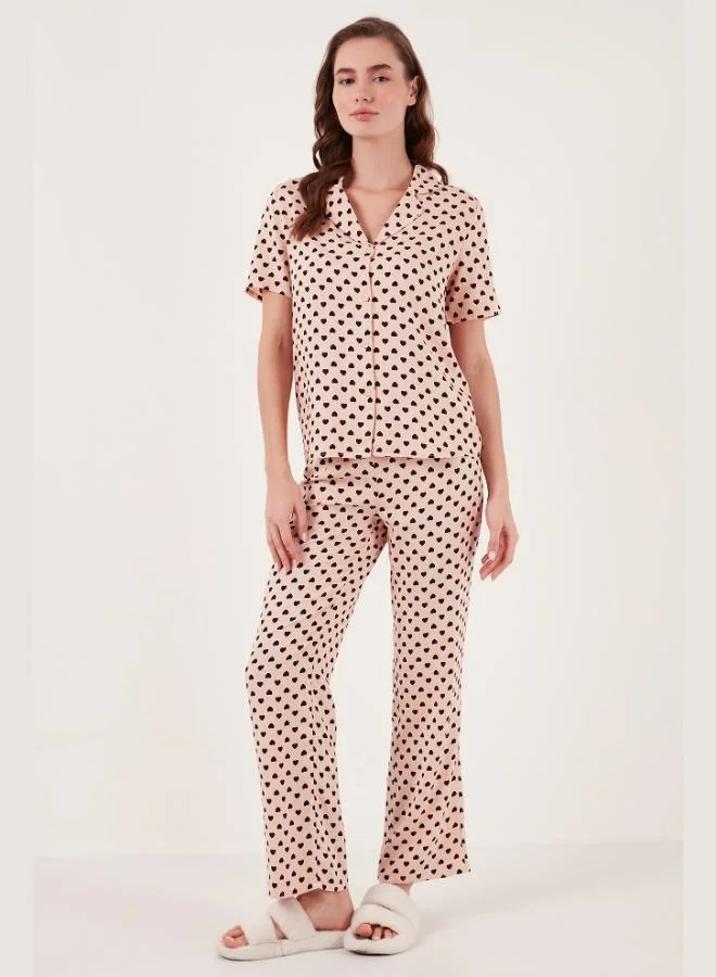 Lela Lela Comfortable Cut Wide Leg Mono Collar Short Sleeve Pajama Set Women's Pajama Set 6110290