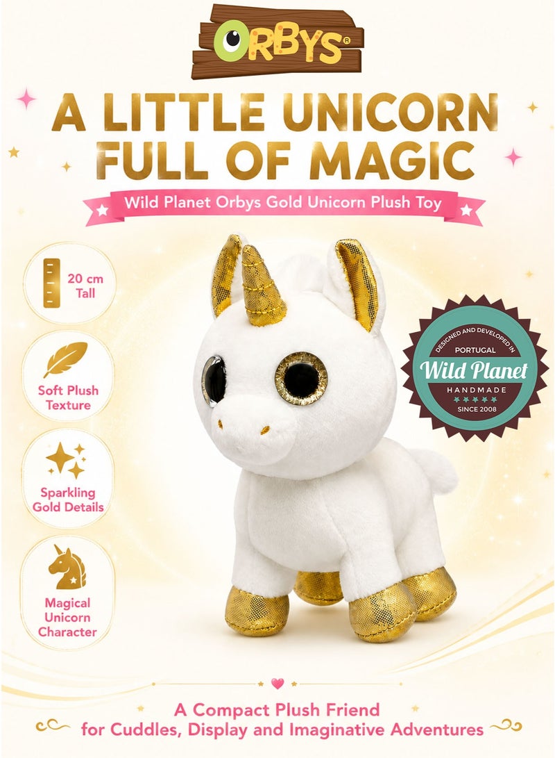 وايلد بلانيت لعبة وحيد القرن الذهبية المحشوة من وايلد بلانيت أوربيس، دمية قطيفة مدمجة مستوحاة من وحيد القرن باللونين الأبيض والذهبي المعدني، بملمس قطيفة ناعم وعينين كبيرتين لامعتين بتفاصيل ذهبية وقرن ذهبي وأجزاء داخلية ذهبية للأذنين وأربعة حوافر متناسقة وخياطة متينة، بارتفاع 20 سم وأبعاد تقريبية 17 × 10 × 20 سم، للاحتضان والقصص الخيالية واللعب التمثيلي والعرض وتقديم الهدايا، مناسبة من عمر 0 شهر فأكثر - Image 1