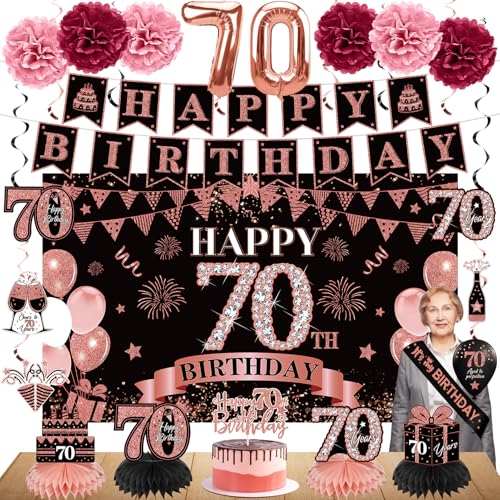 Eucutur 42PCS 70th Birthday Decoration Kit for Women Rose Gold Happy 70th Bday Banner Balloons Honeycomb Centerpiece Swirl Paper Pompoms Party Supplies 70 Bday Sash Table Cake Topper Swirls Set - Image 1