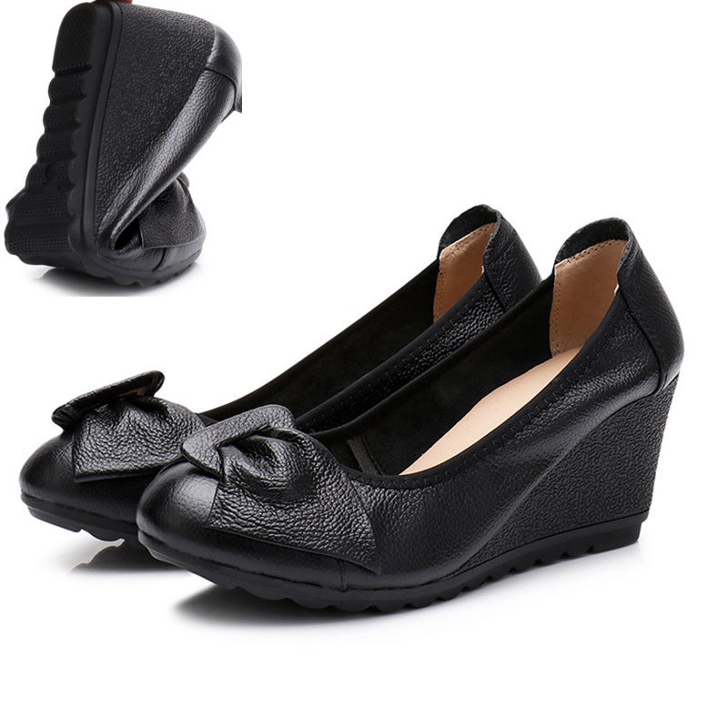 Z Wedge Flats Women'S Soft-Soled Work Shoes Women'S High-Heeled Shoes Leather Shoes Work Shoes Spring & Fall Shallow Mouth Mother'S Shoes - Image 2