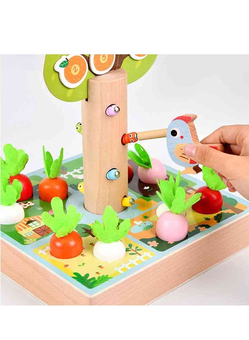 UKR 3-in-1 Wooden Tree Montessori Toy | Harvest Carrot Picking & Magnetic Catching Worm | Educational Shape Sorter for Toddlers 18 Months to 3 Years Old - Image 3