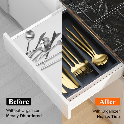 Hilislog Small Silverware Drawer Organizer Kitchen Utensils Bamboo Cutlery Tray Narrow Flatware Organizer For Drawer Skinny Spoon Fork Holder Drawers Slim Silverware Tray Black Flatware Cutlery Organizer - Image 4