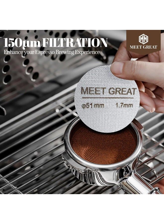 Meet Great- 2 Packs 51mm Espresso Puck Screen, 1.7mm Thickness 150μm 316L Stainless Steel, Upgraded Reusable Coffee Filter Screen for 51mm Breville Portafilter Filter Basket - Image 5