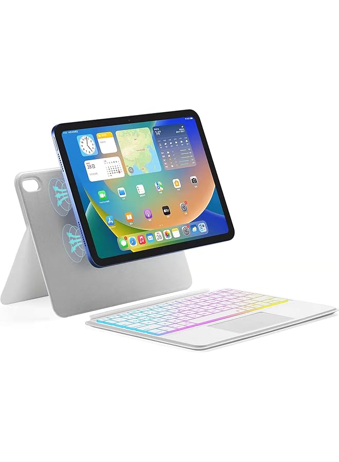 إيروريكس حافظة لوحة مفاتيح عربية سحرية مناسبة لجهاز ايباد الجيل العاشر مقاس 10.9 بوصة مع لوحة مفاتيح قابلة للفصل وإضاءة خلفية متعددة اللمس ولوحة مفاتيح شحن من النوع C مع غطاء مغناطيسي الجيل العاشر أبيض - Image 1