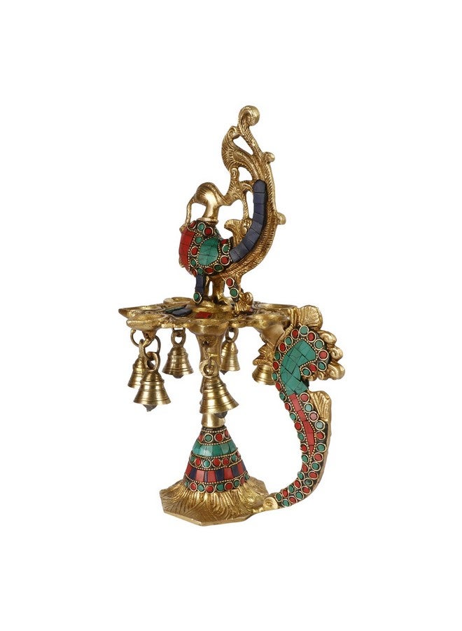 Kartique Brass Multicolor Stone Chip Peacock Decorative Diya with 7 Traditional Bells and 7 Diya Slot Antique Deepak Design Table Decor Stand for Home Diwali Gift Temple Pooja Height 12 Inch - Image 3
