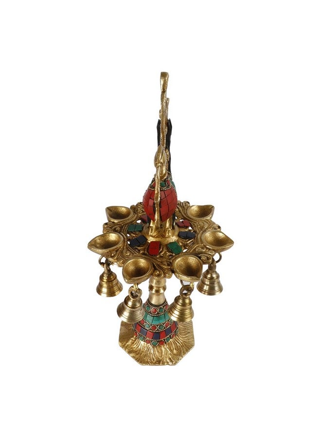 Kartique Brass Multicolor Stone Chip Peacock Decorative Diya with 7 Traditional Bells and 7 Diya Slot Antique Deepak Design Table Decor Stand for Home Diwali Gift Temple Pooja Height 12 Inch - Image 5