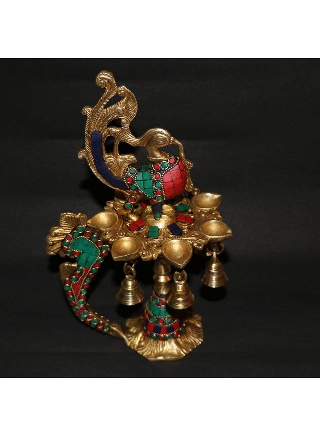 Kartique Brass Multicolor Stone Chip Peacock Decorative Diya with 7 Traditional Bells and 7 Diya Slot Antique Deepak Design Table Decor Stand for Home Diwali Gift Temple Pooja Height 12 Inch - Image 1