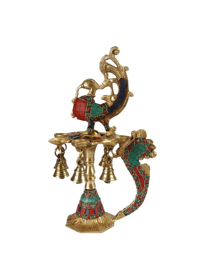 Kartique Brass Multicolor Stone Chip Peacock Decorative Diya with 7 Traditional Bells and 7 Diya Slot Antique Deepak Design Table Decor Stand for Home Diwali Gift Temple Pooja Height 12 Inch - Image 4