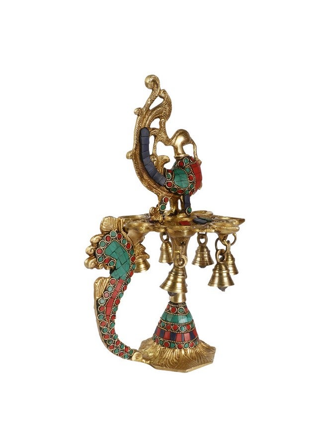 Kartique Brass Multicolor Stone Chip Peacock Decorative Diya with 7 Traditional Bells and 7 Diya Slot Antique Deepak Design Table Decor Stand for Home Diwali Gift Temple Pooja Height 12 Inch - Image 2