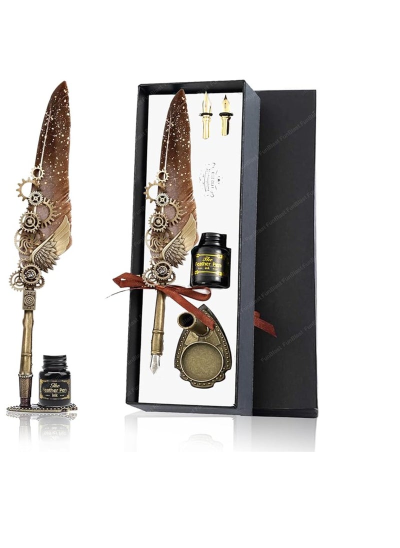 Generic Quill Pen Set – Vintage Quill Dip Pen Set, 2 Replacement Nibs, Pen Stand Base,15ml Ink, Calligraphy Quill Pen Writing Ink Set, Vintage Fountain Pen Gift Set – Black Ink  - Image 1