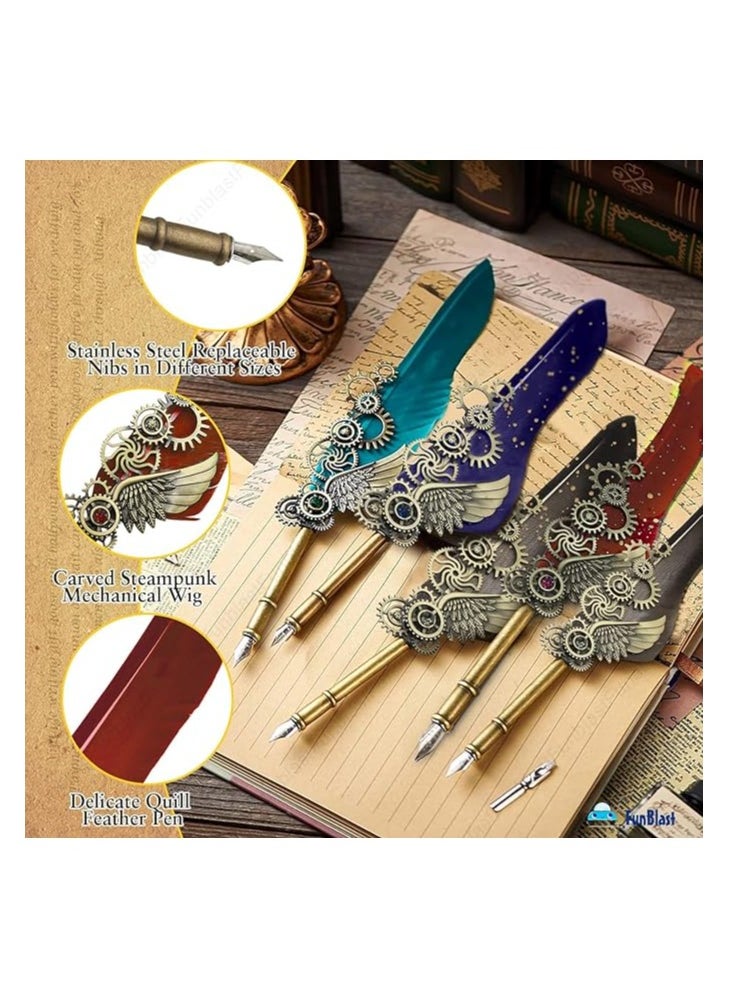 Generic Quill Pen Set – Vintage Quill Dip Pen Set, 2 Replacement Nibs, Pen Stand Base,15ml Ink, Calligraphy Quill Pen Writing Ink Set, Vintage Fountain Pen Gift Set – Black Ink  - Image 2