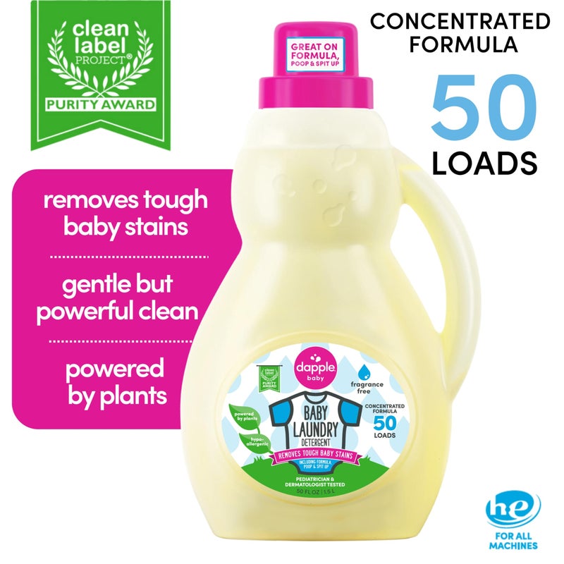Dapple Baby Laundry Detergent, Plant Powered, Hypoallergenic, Fragrance Free, Concentrated, 50 fl oz (Pack of 2) - Image 2