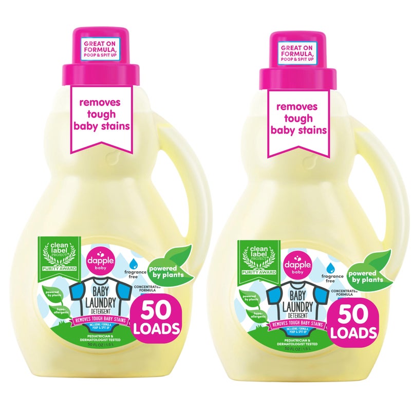 Dapple Baby Laundry Detergent, Plant Powered, Hypoallergenic, Fragrance Free, Concentrated, 50 fl oz (Pack of 2) - Image 1