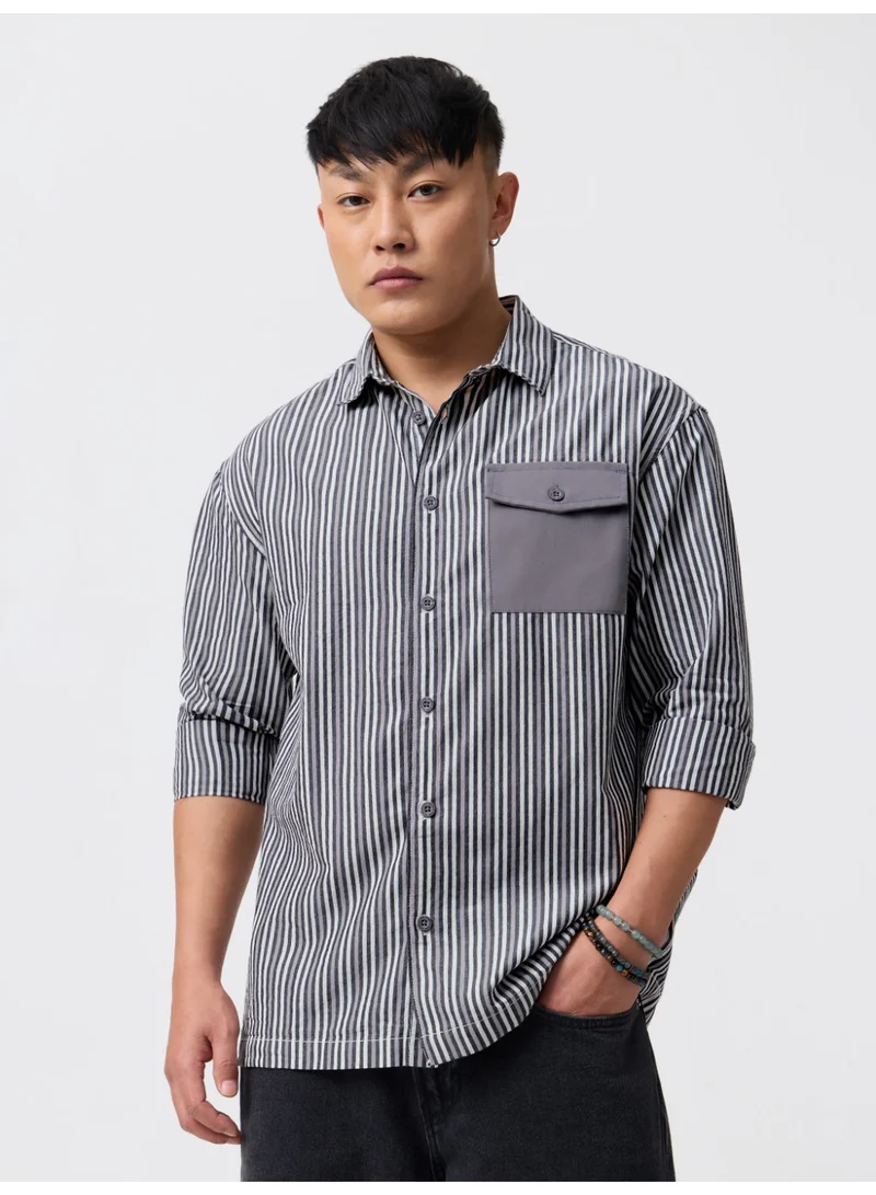 ذا سوليد ستور The Souled Store: Highway Men and Boys Long Sleeve Spread Collar Grey Striped Cotton Relaxed Shirt