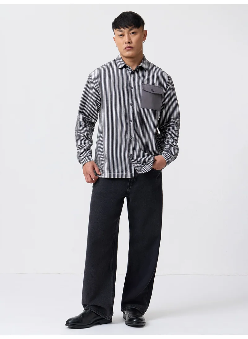 ذا سوليد ستور The Souled Store: Highway Men and Boys Long Sleeve Spread Collar Grey Striped Cotton Relaxed Shirt