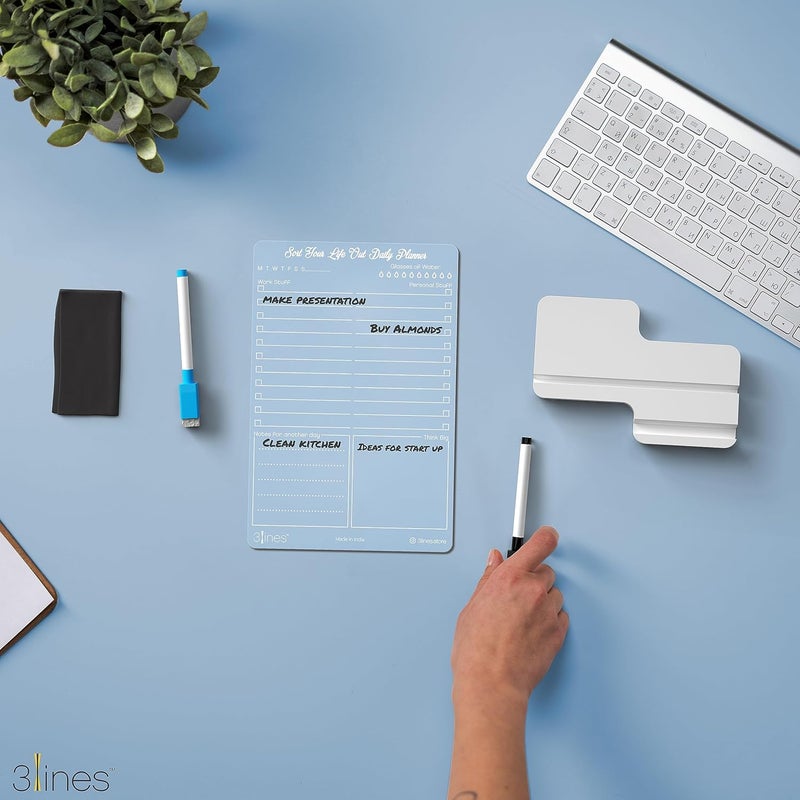 3 Lines To Do List Acrylic Board for Desk (24x16 CM)| Best Planner & Organiser | White Acrylic Base With Slot for Phone| With 2 Markers & Cleaning Fabric | 'Sort Your Life Out Planner' |Regular - Image 2