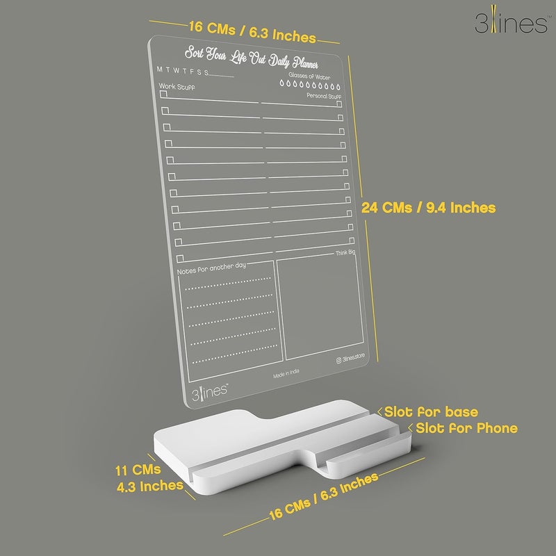 3 Lines To Do List Acrylic Board for Desk (24x16 CM)| Best Planner & Organiser | White Acrylic Base With Slot for Phone| With 2 Markers & Cleaning Fabric | 'Sort Your Life Out Planner' |Regular - Image 3