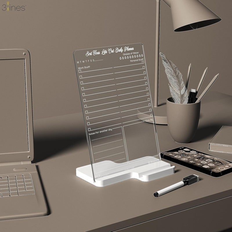 3 Lines To Do List Acrylic Board for Desk (24x16 CM)| Best Planner & Organiser | White Acrylic Base With Slot for Phone| With 2 Markers & Cleaning Fabric | 'Sort Your Life Out Planner' |Regular - Image 5