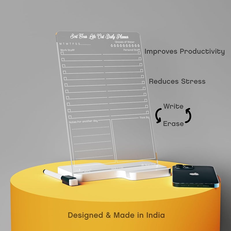 3 Lines To Do List Acrylic Board for Desk (24x16 CM)| Best Planner & Organiser | White Acrylic Base With Slot for Phone| With 2 Markers & Cleaning Fabric | 'Sort Your Life Out Planner' |Regular - Image 4