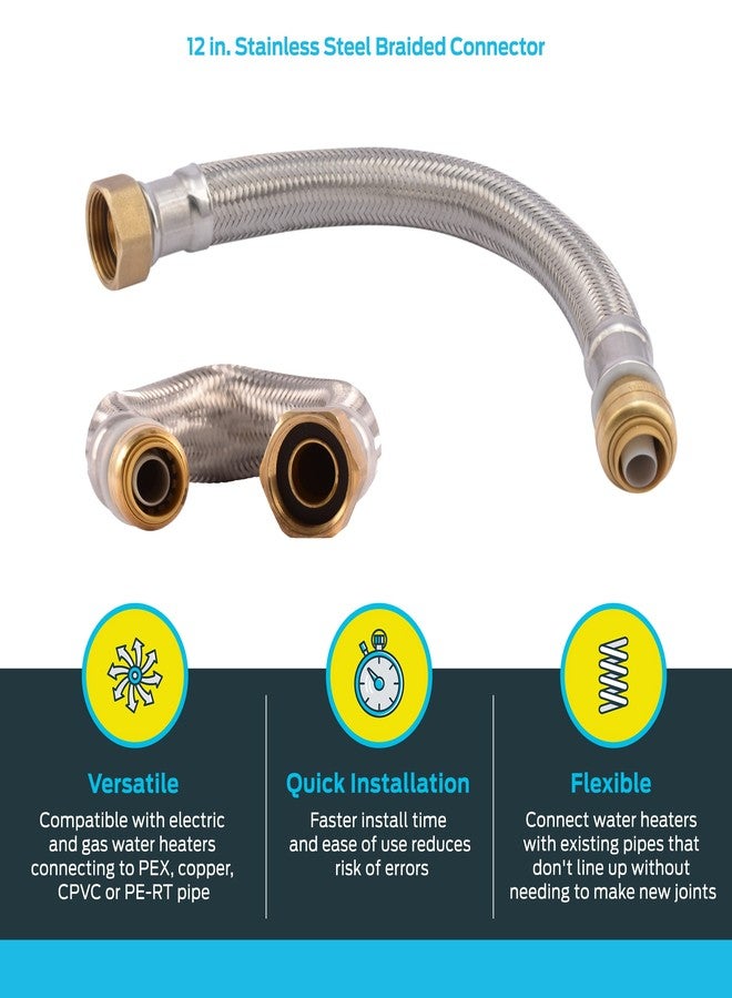 شارك بايت موصل سخان مياه مرن مضفر من الفولاذ المقاوم للصدأ مقاس 1/2 بوصة × 3/4 بوصة من SharkBite، تركيبات سباكة نحاسية بضغط للتوصيل، أنبوب PEX، نحاس، CPVC، PE-RT، HDPE، U3068FLEX12LF - Image 4