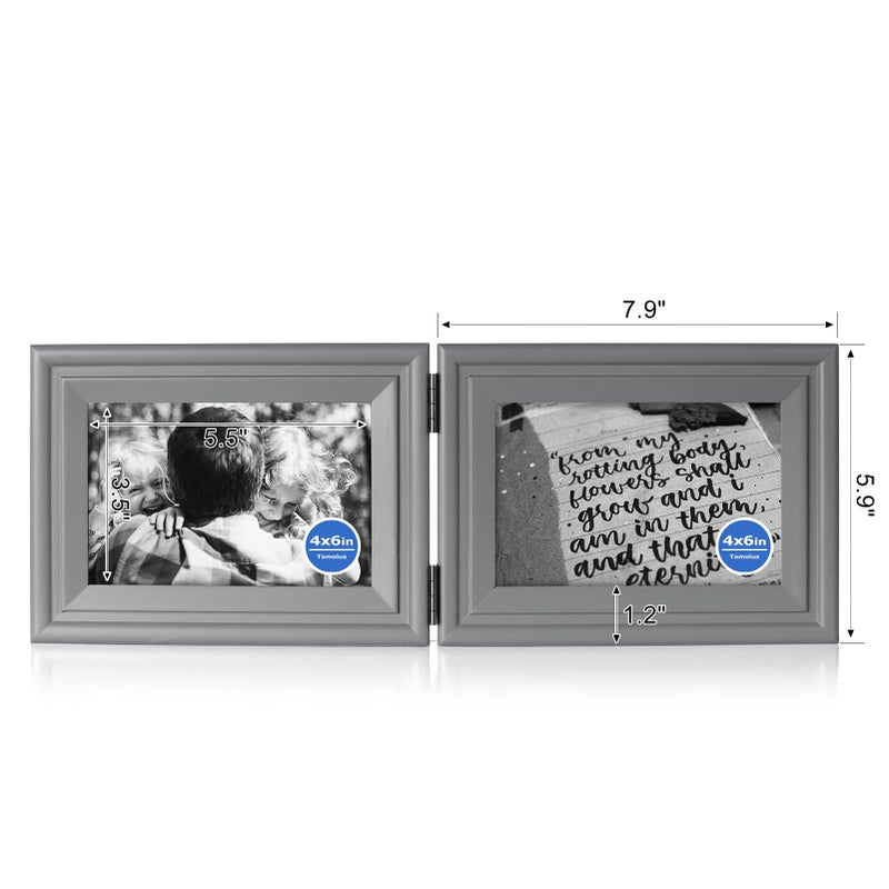 Tamolus 4x6 Double Horizontal Hinged Picture Frame Folding Photo Frame in Gray Pine Wood with Real Glass for Tabletop X2-HUI-2H46 - Image 2