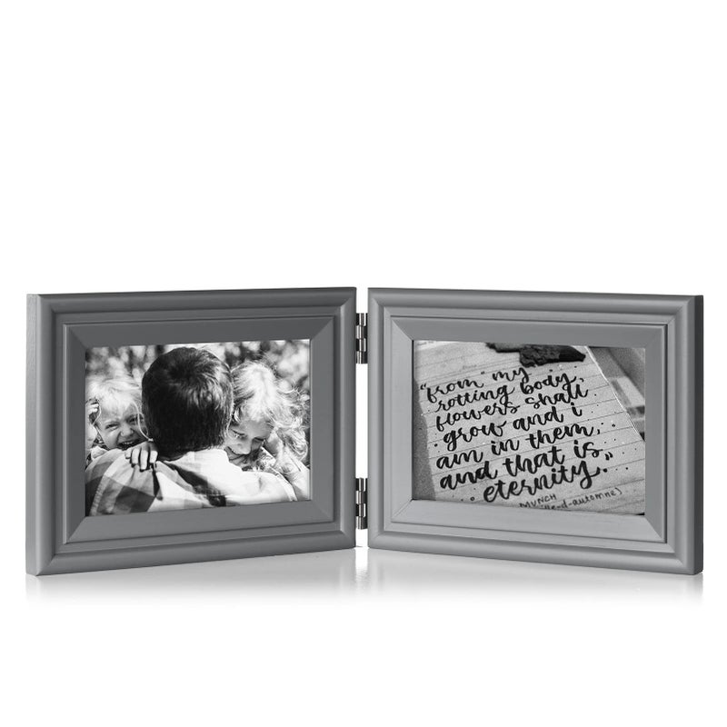 Tamolus 4x6 Double Horizontal Hinged Picture Frame Folding Photo Frame in Gray Pine Wood with Real Glass for Tabletop X2-HUI-2H46 - Image 1