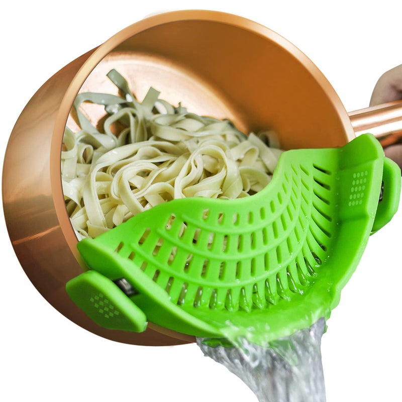 Clip On Strainer Silicone Pots and Pans AUOON Pasta Strainer Clip on Food Strainer for Meat Vegetables Fruit Silicone Kitchen Colander Green