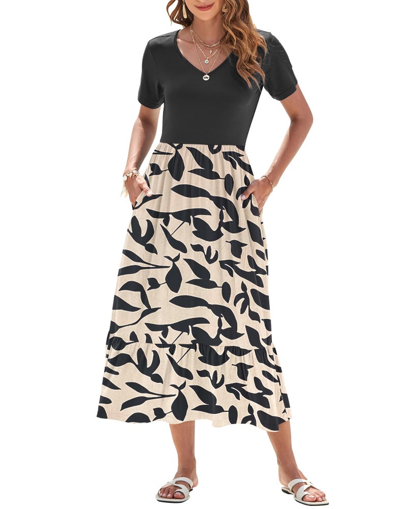 AUSELILY Summer Dresses Women 2025 Flowy Short Sleeve Maxi Dress V Neck Casual Tiered Sundress with Pockets Black Leaf/Black S - Image 2