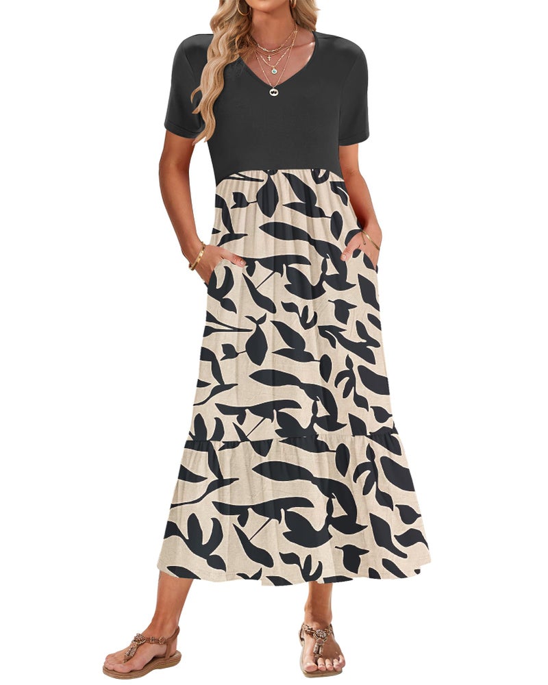 AUSELILY Summer Dresses Women 2025 Flowy Short Sleeve Maxi Dress V Neck Casual Tiered Sundress with Pockets Black Leaf/Black S - Image 1