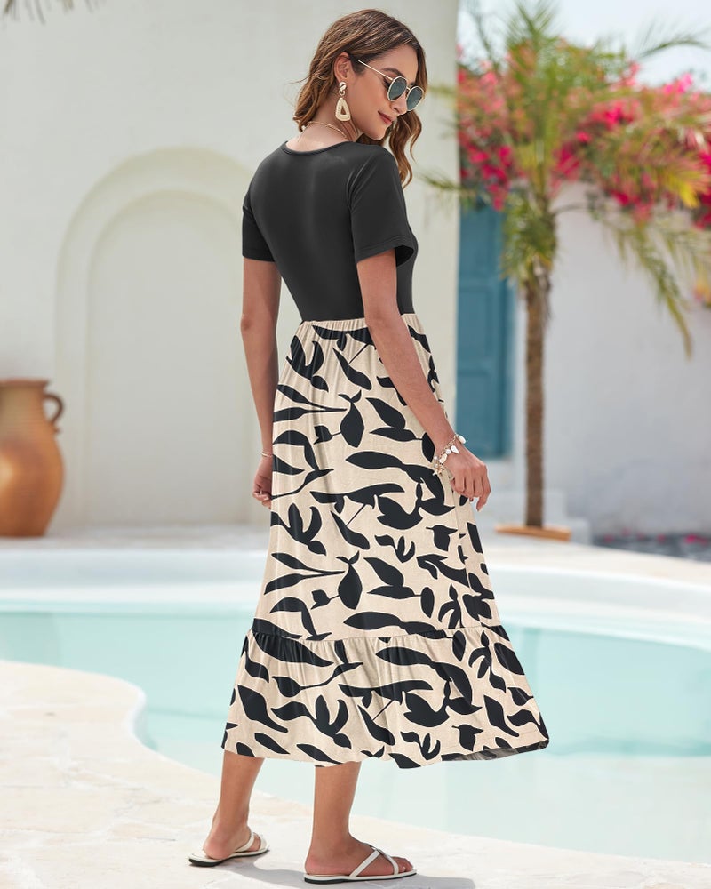 AUSELILY Summer Dresses Women 2025 Flowy Short Sleeve Maxi Dress V Neck Casual Tiered Sundress with Pockets Black Leaf/Black S - Image 4