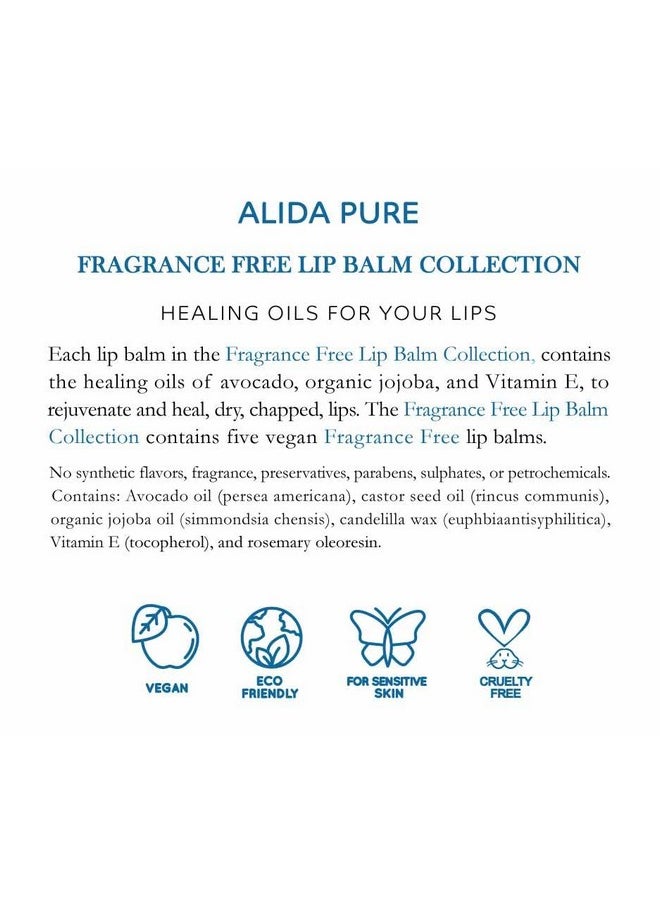 ALIDA PURE - ALIDA PURE Fragrance Free Lip Balm, Vegan Lip Balm Set, Unscented, No Flavor, Beeswax Free, Organic Jojoba Oil, Avocado Oil, Vitamin E, Natural Moisturizer for Dry, Chapped, or Cracked Lips 5 Tube Set - Image 1