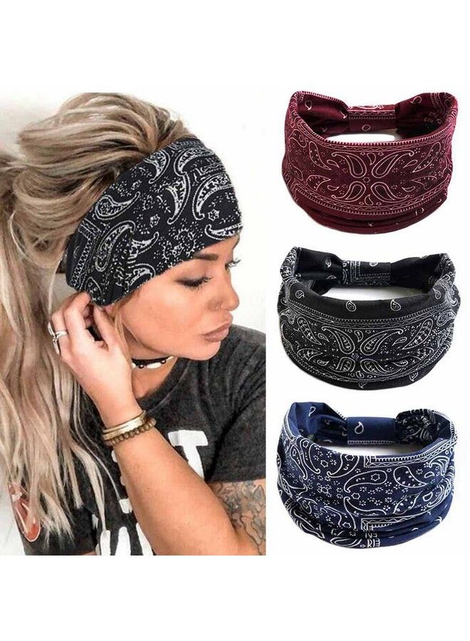 CAKURE Boho Wide Headbands Knotted Head Bands Turban African Head Wraps Yoga Hairbands Stretch Elastic Head Scarf Motorcycle Headbands Hair Accessories For Women And Girls Pack Of 3 (Set1)  - Image 2