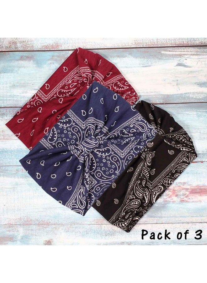 CAKURE Boho Wide Headbands Knotted Head Bands Turban African Head Wraps Yoga Hairbands Stretch Elastic Head Scarf Motorcycle Headbands Hair Accessories For Women And Girls Pack Of 3 (Set1)  - Image 4