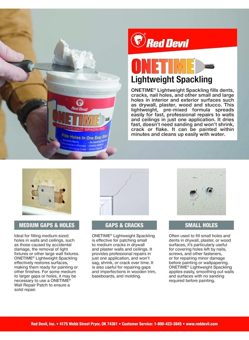 Red Devil Onetime Lightweight Spackling Compound Wall Repair Spackling For Holes Drywall White 1 Quart - Image 3