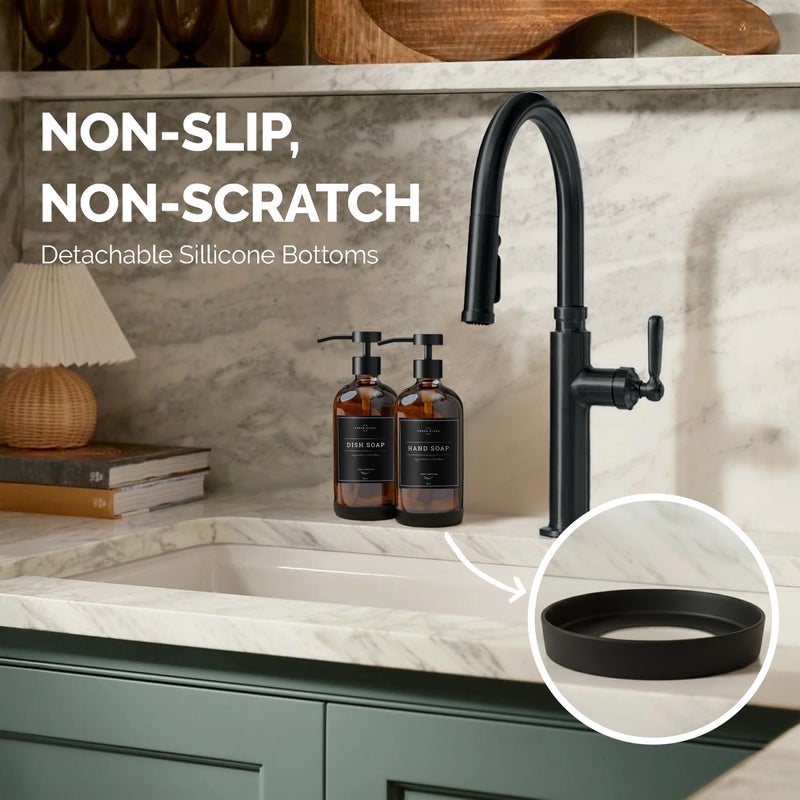 Vine Creations Amber Glass Soap Dispenser Set - Kitchen Soap Dispenser Set with Stainless Steel Pump - 16 oz Dish Soap and Hand Soap Dispensers for Bathroom with Silicone Pad & Waterproof Labels - Image 3