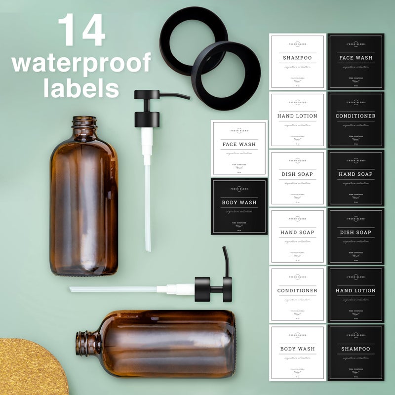 Vine Creations Amber Glass Soap Dispenser Set - Kitchen Soap Dispenser Set with Stainless Steel Pump - 16 oz Dish Soap and Hand Soap Dispensers for Bathroom with Silicone Pad & Waterproof Labels - Image 5