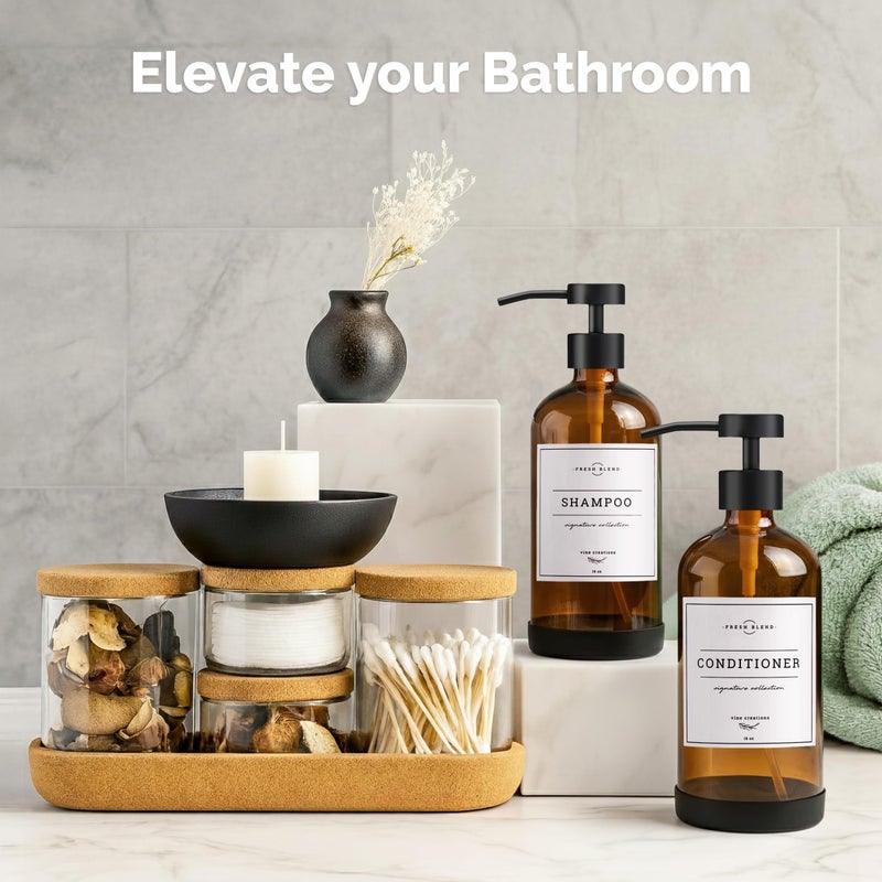 Vine Creations Amber Glass Soap Dispenser Set - Kitchen Soap Dispenser Set with Stainless Steel Pump - 16 oz Dish Soap and Hand Soap Dispensers for Bathroom with Silicone Pad & Waterproof Labels - Image 4