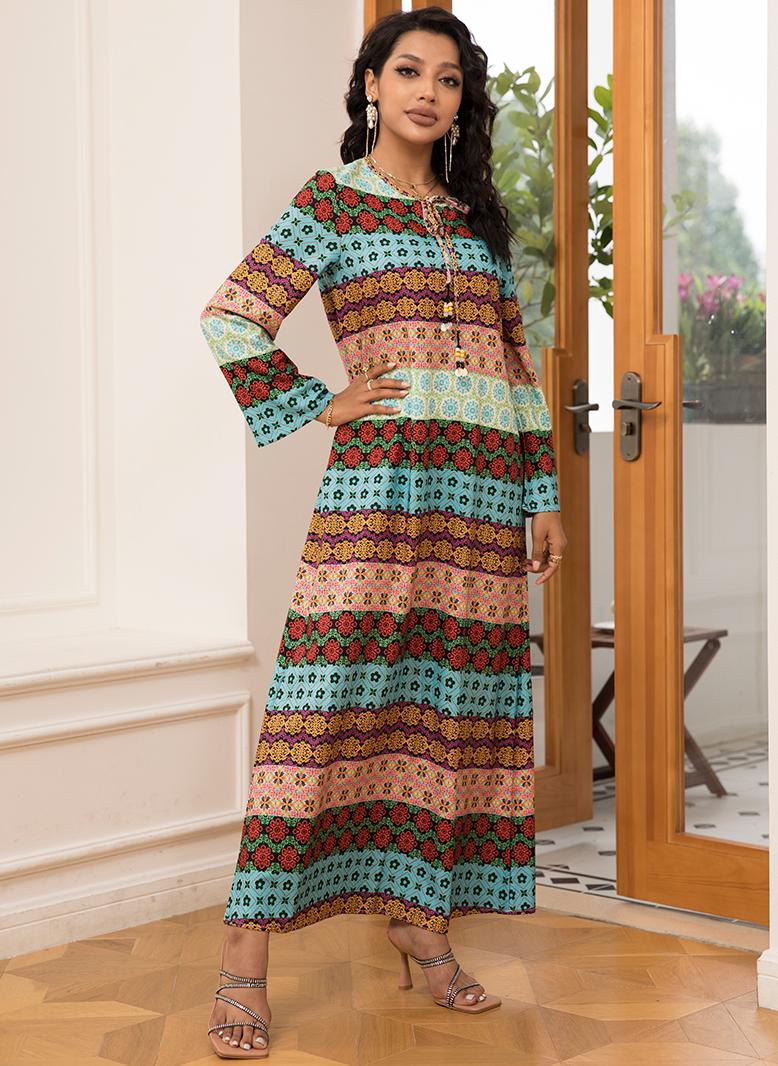 فرايديين لطيف دائري زهري تباين اللون شرابة الكم المنفوخ فساتين طويلة اخضر - Image 3