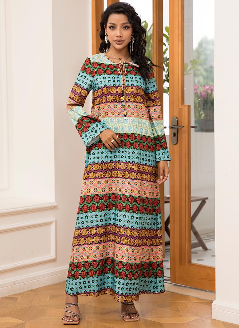 فرايديين لطيف دائري زهري تباين اللون شرابة الكم المنفوخ فساتين طويلة اخضر - Image 1