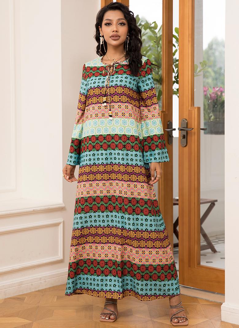 فرايديين لطيف دائري زهري تباين اللون شرابة الكم المنفوخ فساتين طويلة اخضر - Image 5