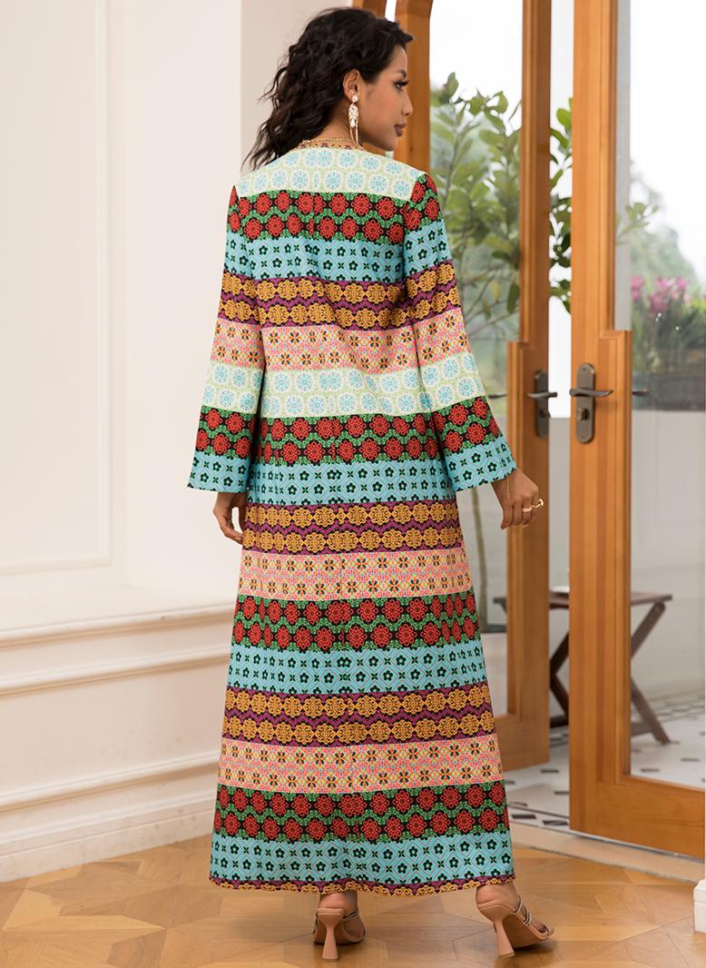 فرايديين لطيف دائري زهري تباين اللون شرابة الكم المنفوخ فساتين طويلة اخضر - Image 2