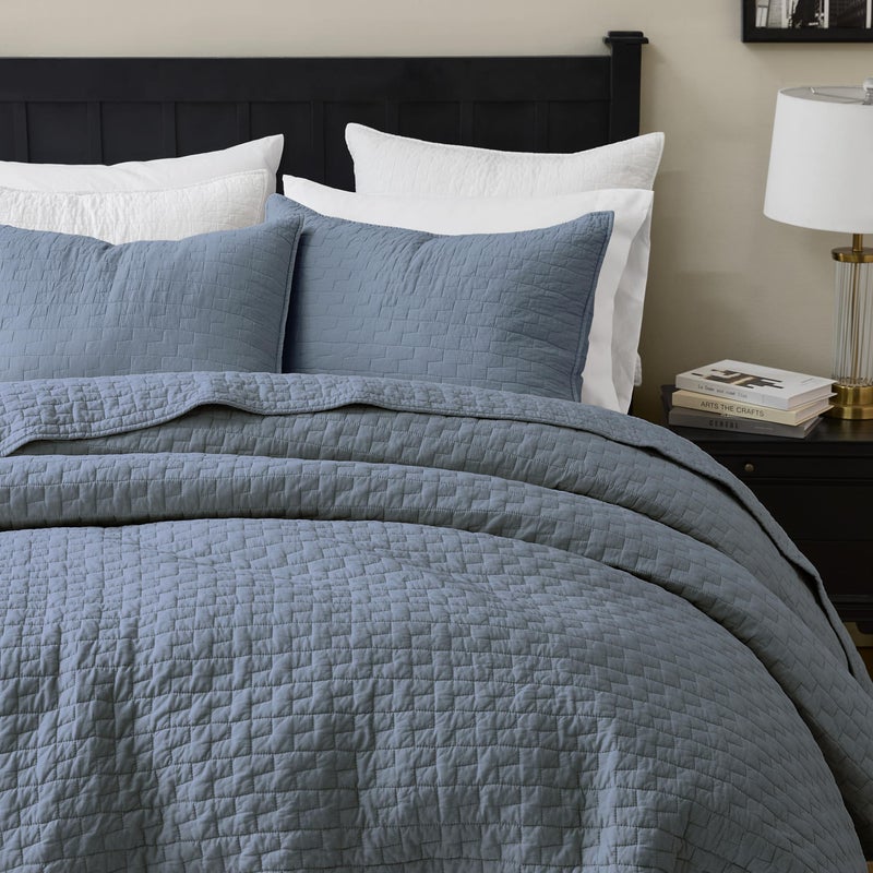 palassio Blue Grey 100% Cotton Quilt King Size Bedding Sets with 2 Pillow Shams, Textured Lightweight Soft Bedspread Shabby Chic Coverlet, Quilted Comforter Bed Cover for All Season, 3 Pieces - Image 3
