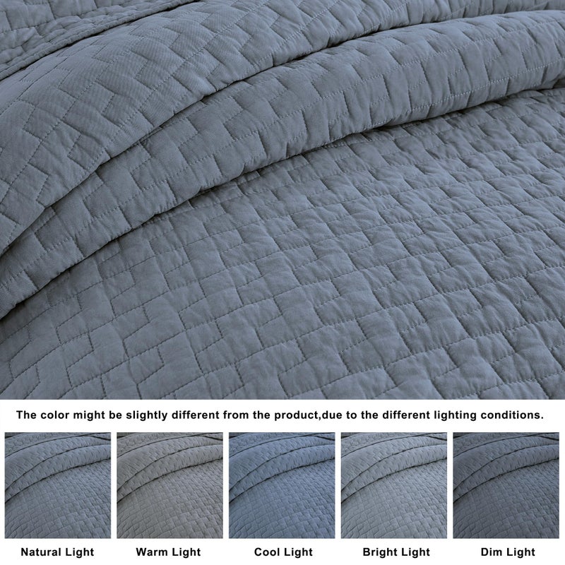 palassio Blue Grey 100% Cotton Quilt King Size Bedding Sets with 2 Pillow Shams, Textured Lightweight Soft Bedspread Shabby Chic Coverlet, Quilted Comforter Bed Cover for All Season, 3 Pieces - Image 2