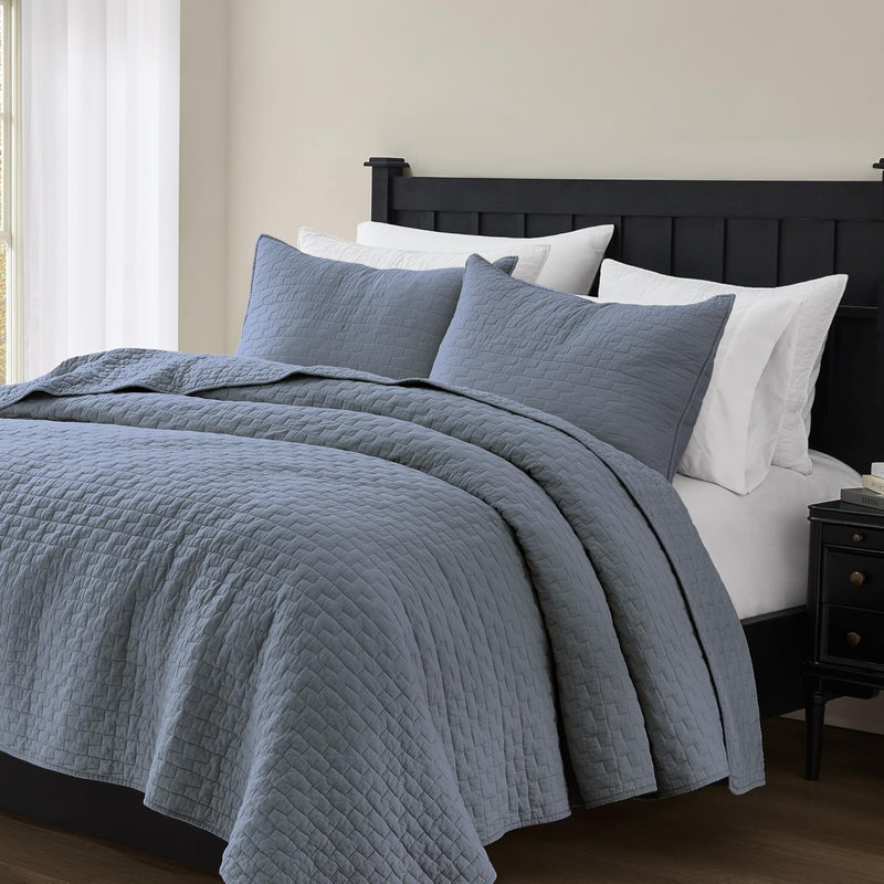 palassio Blue Grey 100% Cotton Quilt King Size Bedding Sets with 2 Pillow Shams, Textured Lightweight Soft Bedspread Shabby Chic Coverlet, Quilted Comforter Bed Cover for All Season, 3 Pieces - Image 5