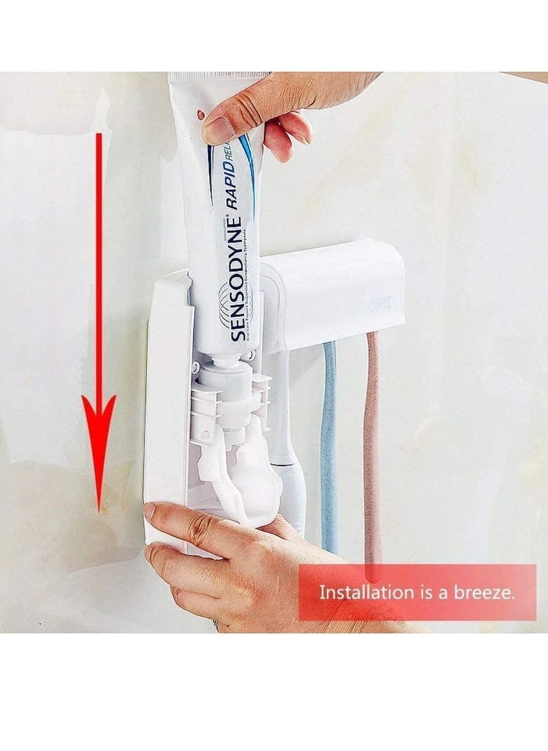 erorex - Toothbrush Holder Automatic Toothpaste Dispenser Multifunctional Wall Mounted Bathroom Storage Organizer Washroom White - Image 1